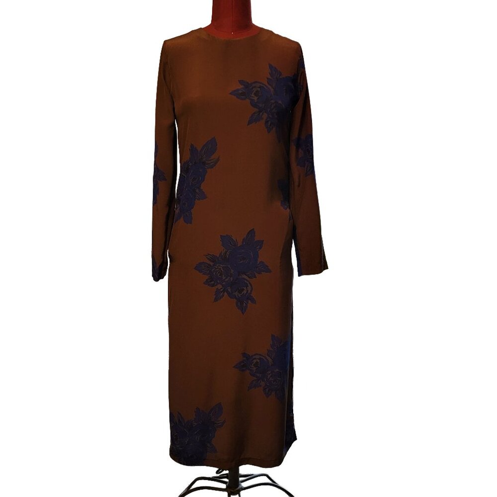No. 6 Store Rose Print Dress Brown Silk Blue Flowers Crew Neck Midi Sheath Small